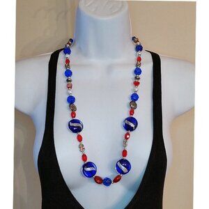 VINTAGE Blue Foil Art Glass Long Statement Necklace Sterling Clasp